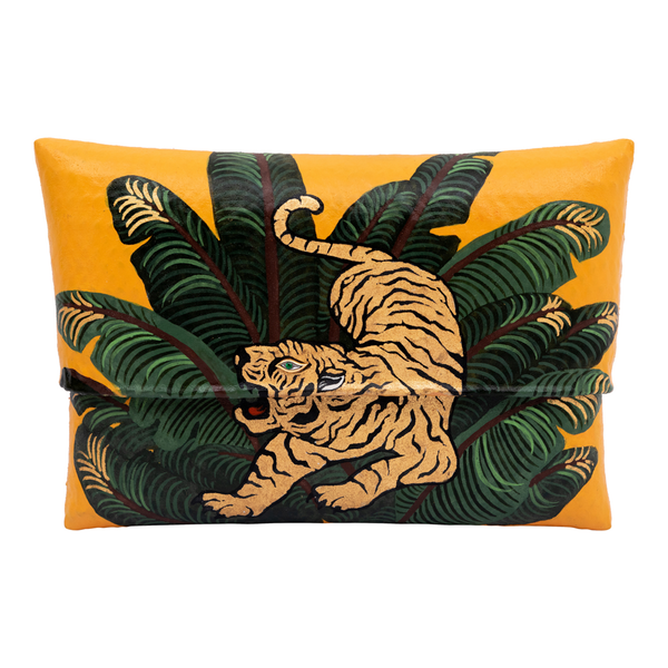 Bamboo Clutch with Hand-Painted Roaring Tiger and Tsavorite