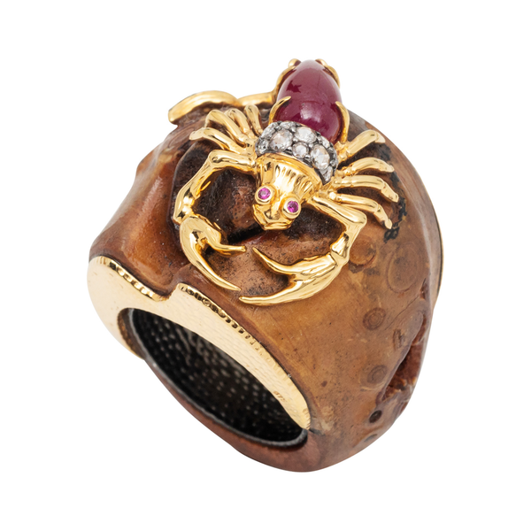 Bamboo Ring with 9K gold Scorpion decorated with Diamonds, Ruby
