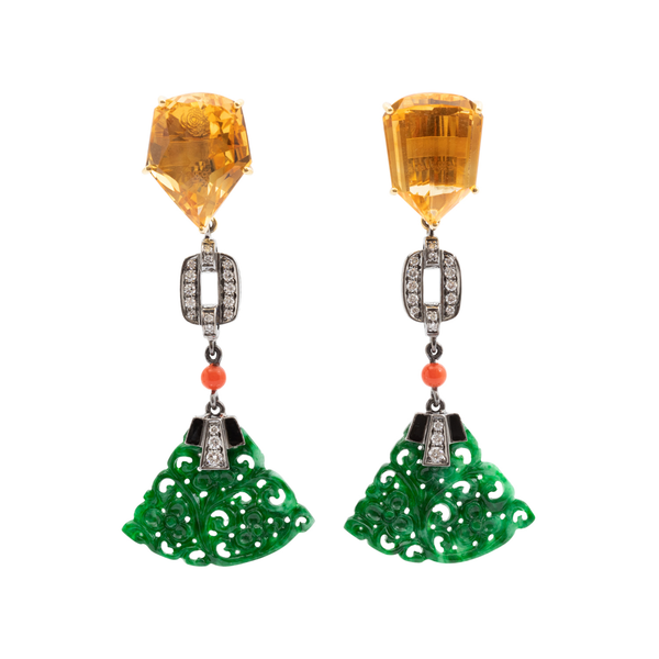 Jade Earrings with Citrine, Diamond, Red Stone