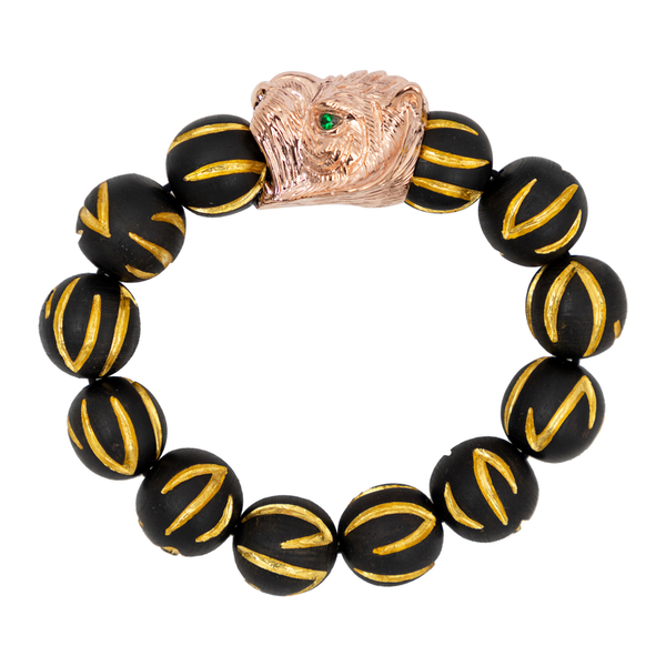 Tiger Bracelet with Gold Leaf Inlaid Ebony Beads and Tsavorite