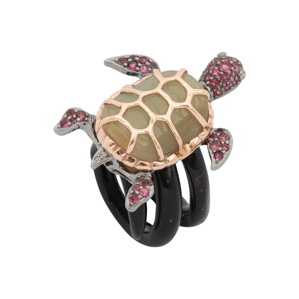 Turtle Ring with Jade and Pink Tourmaline